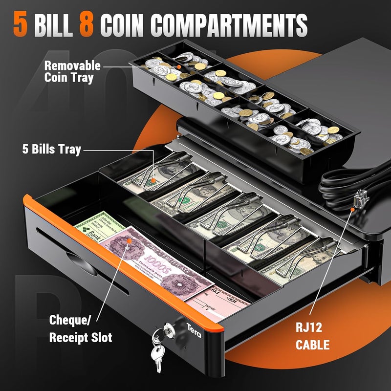 Tera 16 inch Auto Open Cash Drawer with Heavy Duty Insert Tray 5 Bill 8 Coin for POS System Removable Cash Tray Media Slot 24V RJ12 Key-Lock (Round Corner) for Small Business Retail 405R - Image 3